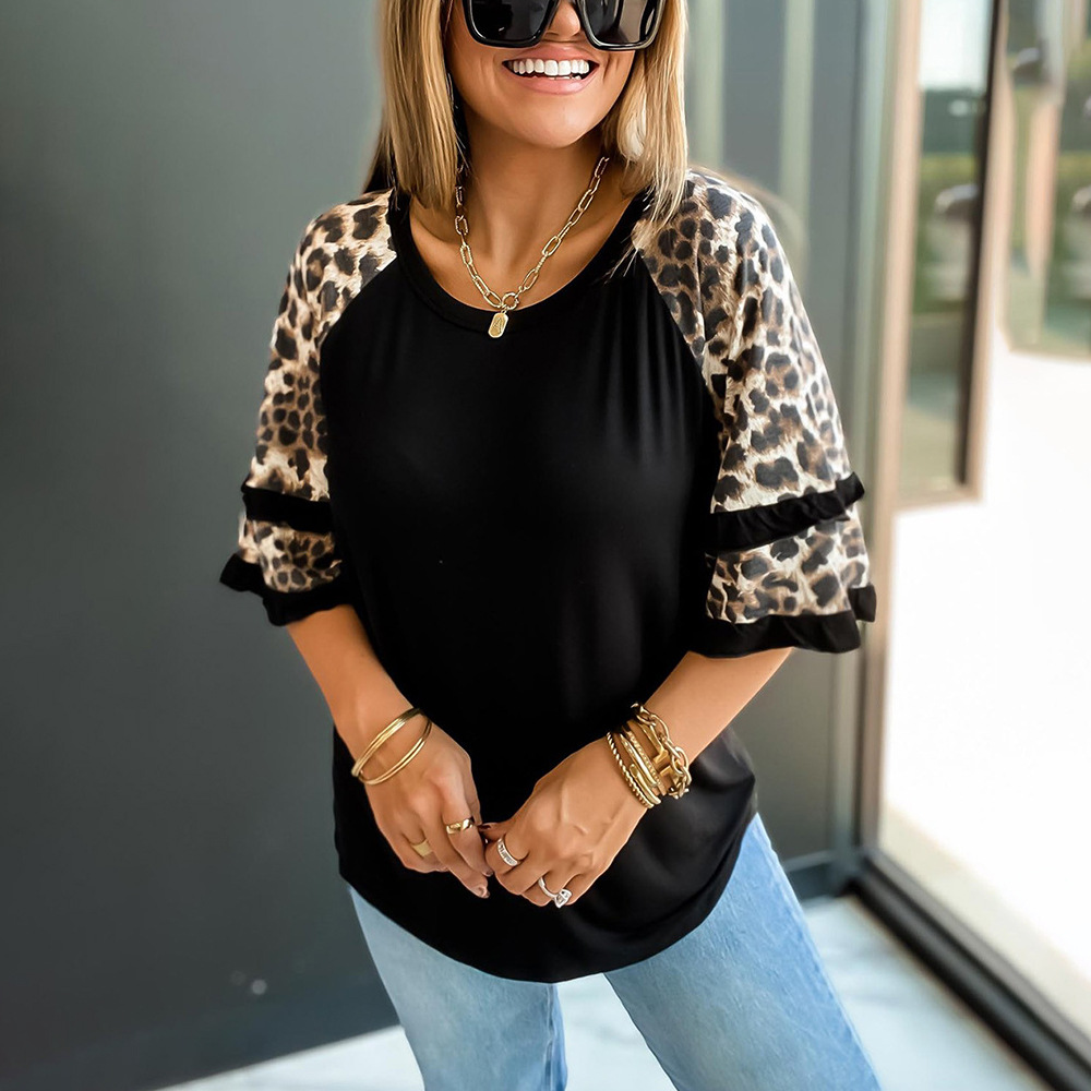 Beautiful leopard print half sleeve loose casual T-shirt 36