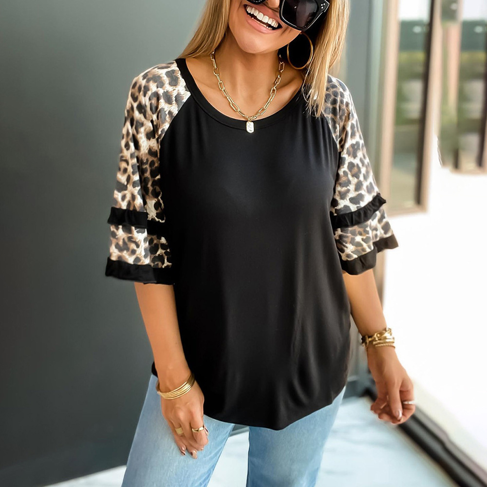 Beautiful leopard print half sleeve loose casual T-shirt 36
