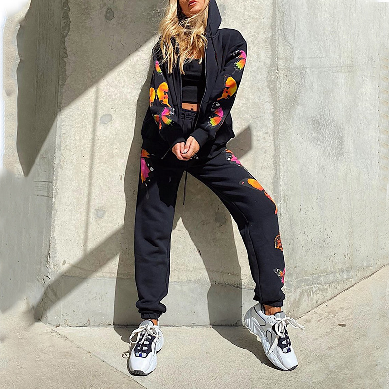Butterfly Print Hooded Zip-Up Sweatshirt Set 52 02