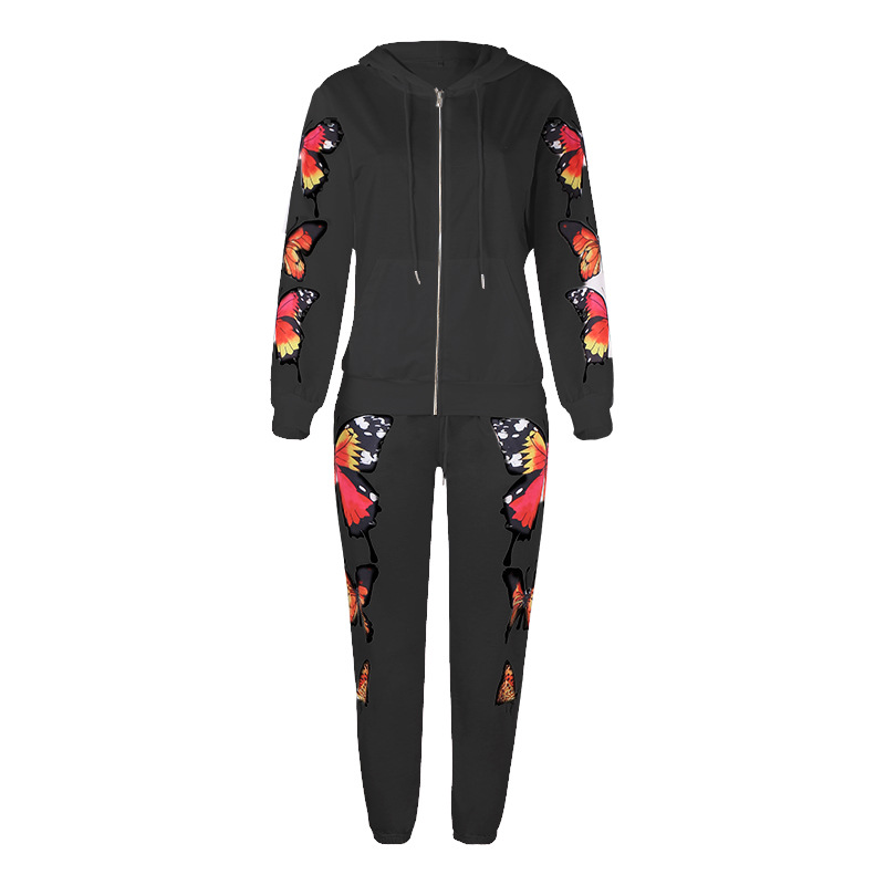 Butterfly Print Hooded Zip-Up Sweatshirt Set 52