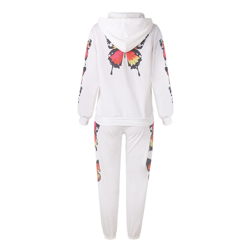 Butterfly Print Long Sleeve Hooded Zipper Casual Sweatshirt Set 50