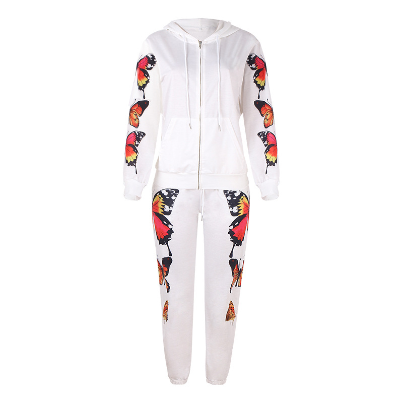 Butterfly Print Long Sleeve Hooded Zipper Casual Sweatshirt Set 50
