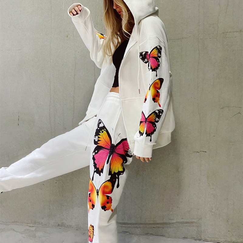 Butterfly Print Long Sleeve Hooded Zipper Casual Sweatshirt Set 50