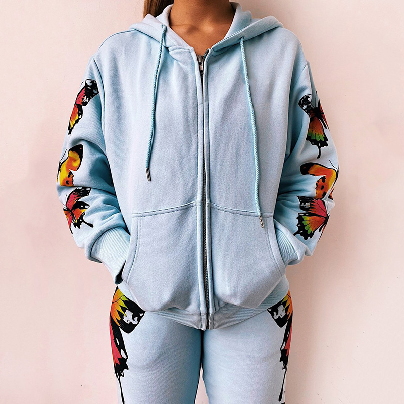 Butterfly Print Long Sleeve Hooded Zipper Casual Sweatshirt Set 51