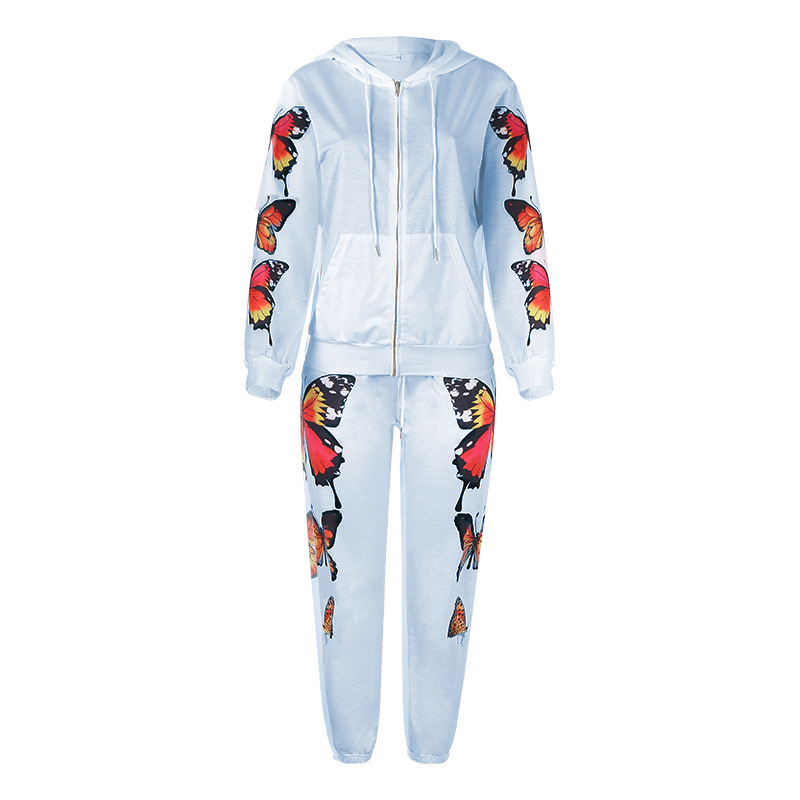 Butterfly Print Long Sleeve Hooded Zipper Casual Sweatshirt Set 51