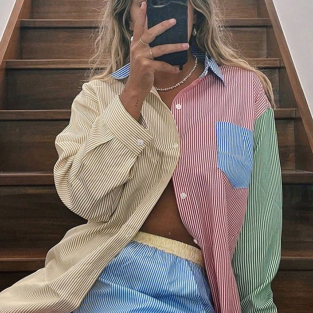 Contrast color shirt striped cardigan single breasted suit 53