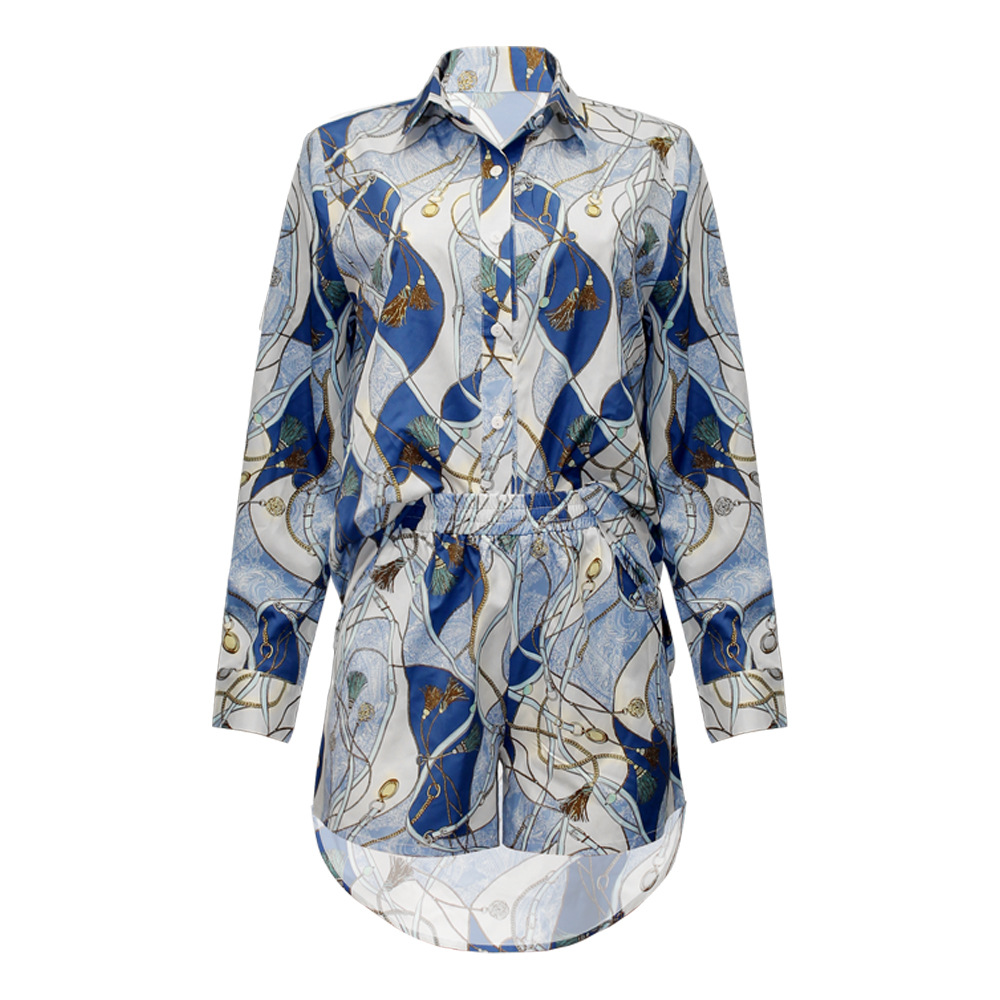 Fashion Printed Long Sleeve Cardigan Casual Shirt Two-Piece Set 55