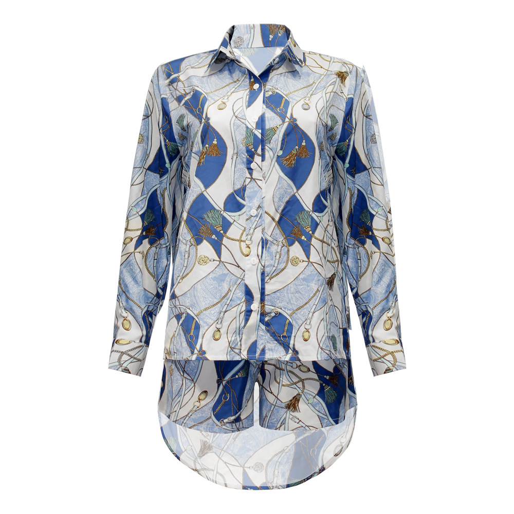 Fashion Printed Long Sleeve Cardigan Casual Shirt Two-Piece Set 55