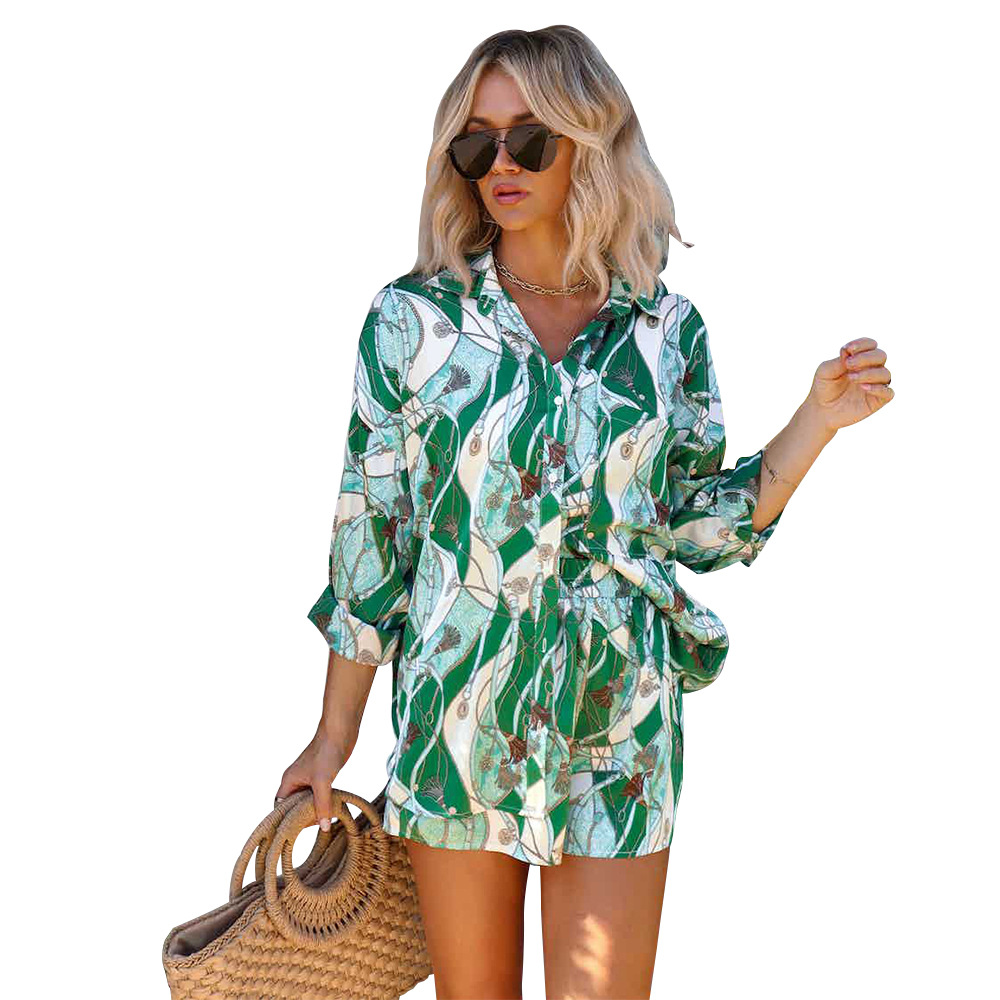 Fashion Printed Long Sleeve Cardigan Shirt Two-Piece Set 57 01