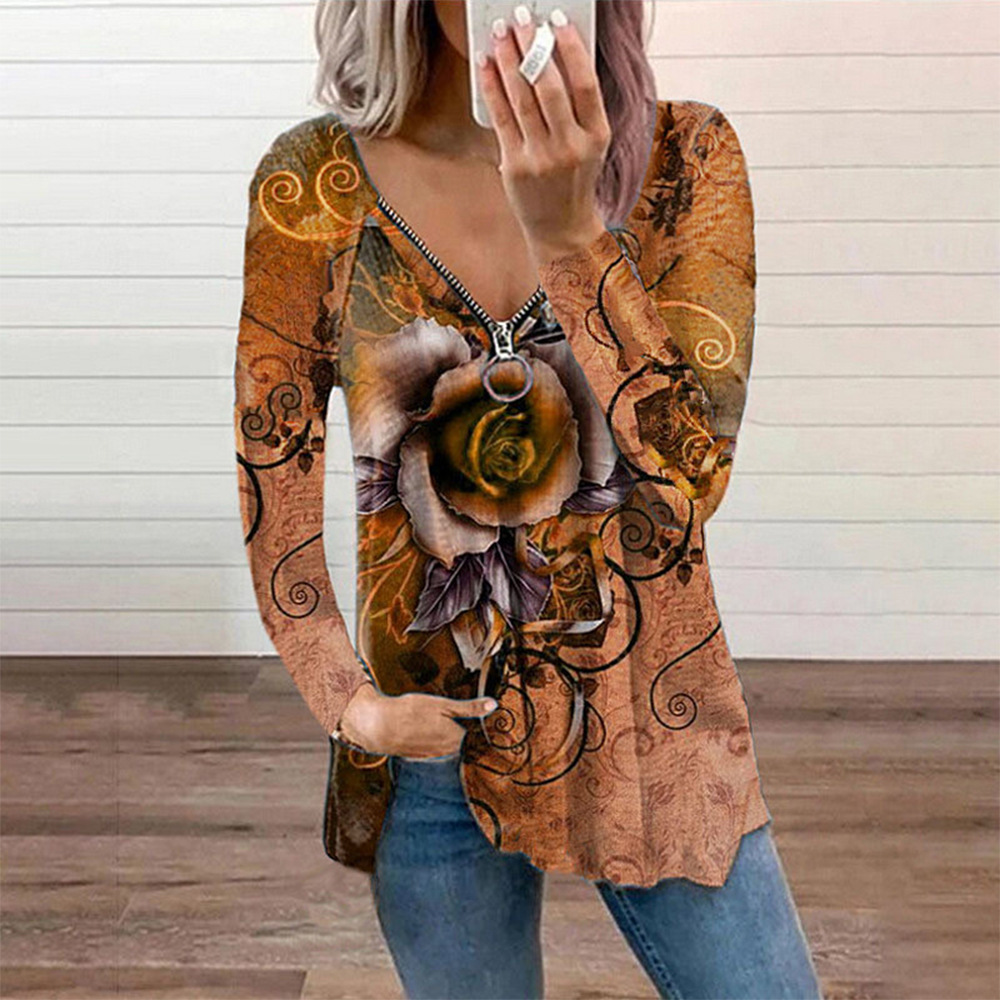 Fashion Printed V-Neck Long Sleeve Zipper Casual Loose T-Shirt 40
