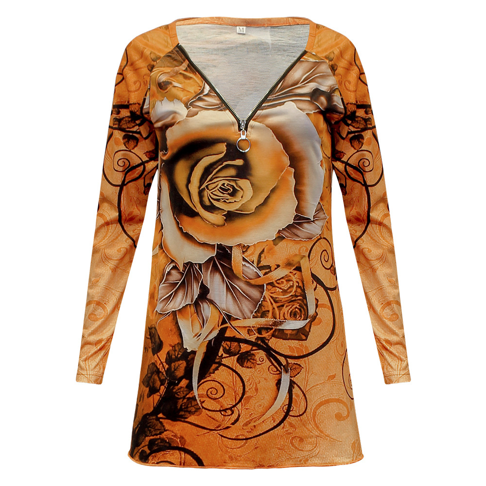 Fashion Printed V-Neck Long Sleeve Zipper Casual Loose T-Shirt 40