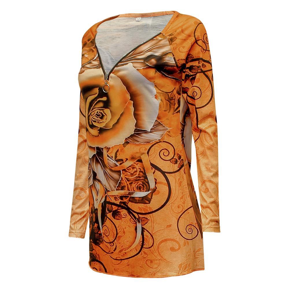 Fashion Printed V-Neck Long Sleeve Zipper Casual Loose T-Shirt 40