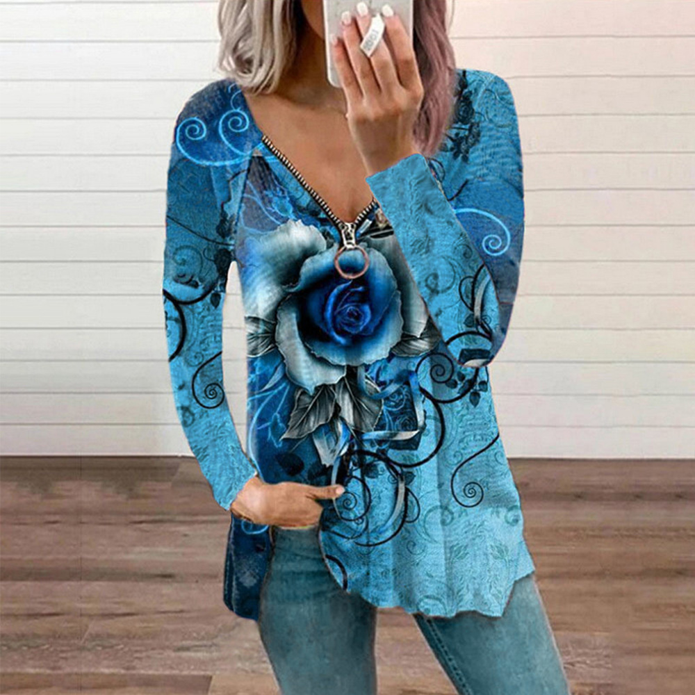 Fashion Printed V-Neck Long Sleeve Zipper Casual Loose T-Shirt 41