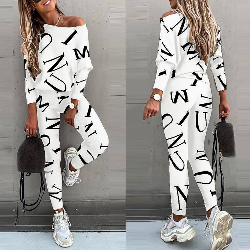 Letter Printed Long Sleeve Trousers Casual Suit 48