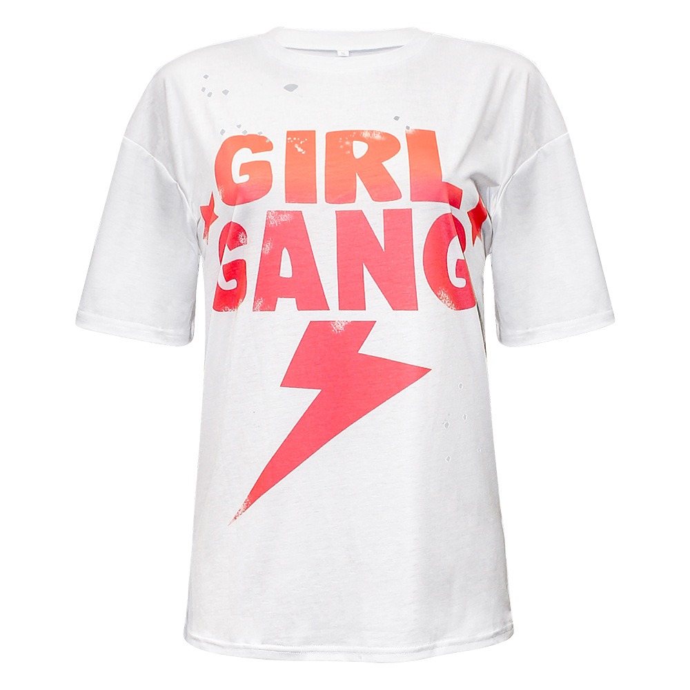 Letter Printed Ripped Loose Casual T-Shirt 44