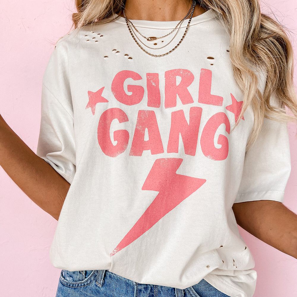 Letter Printed Ripped Loose Casual T-Shirt 44