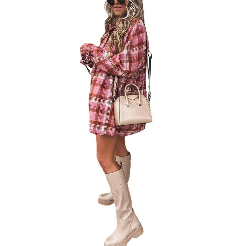 Plaid Print Long Sleeve Lapel Loose Casual Shirt Dress 4
