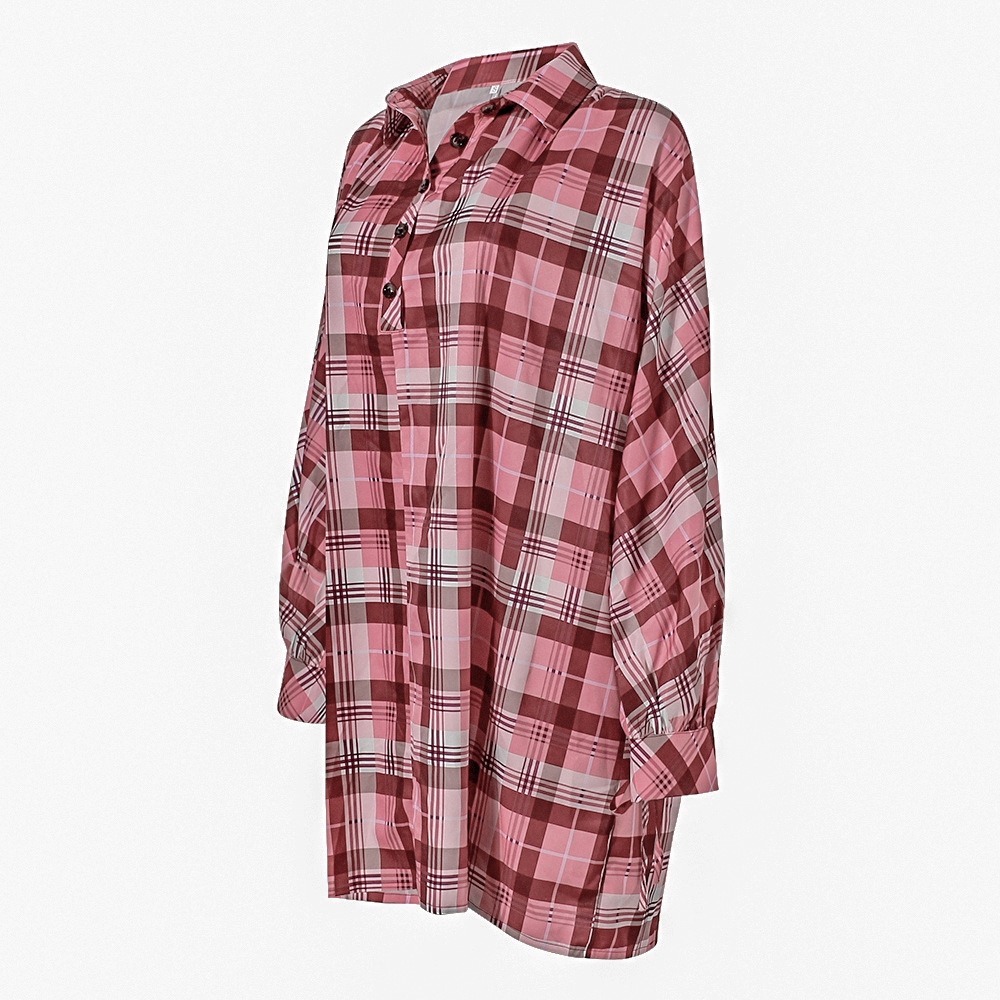Plaid Print Long Sleeve Lapel Loose Casual Shirt Dress 4