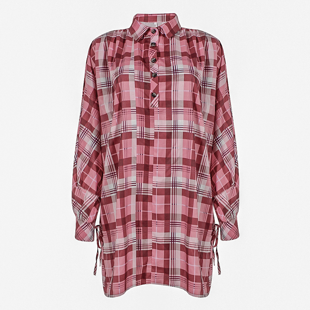Plaid Print Long Sleeve Lapel Loose Casual Shirt Dress 4