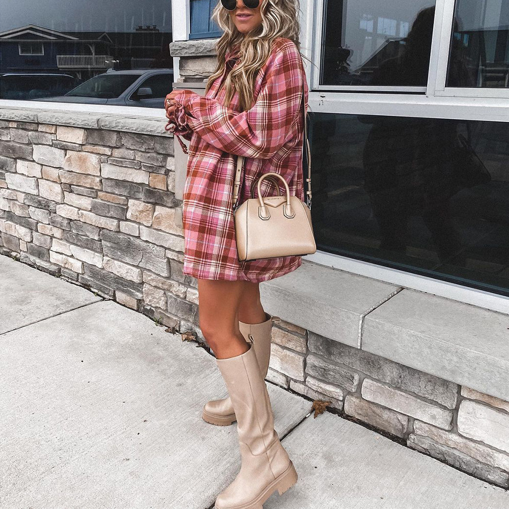 Plaid Print Long Sleeve Lapel Loose Casual Shirt Dress 4