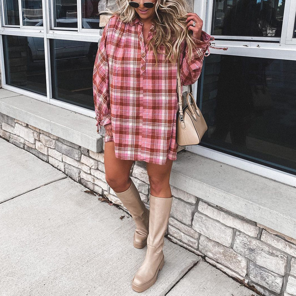 Plaid Print Long Sleeve Lapel Loose Casual Shirt Dress 4
