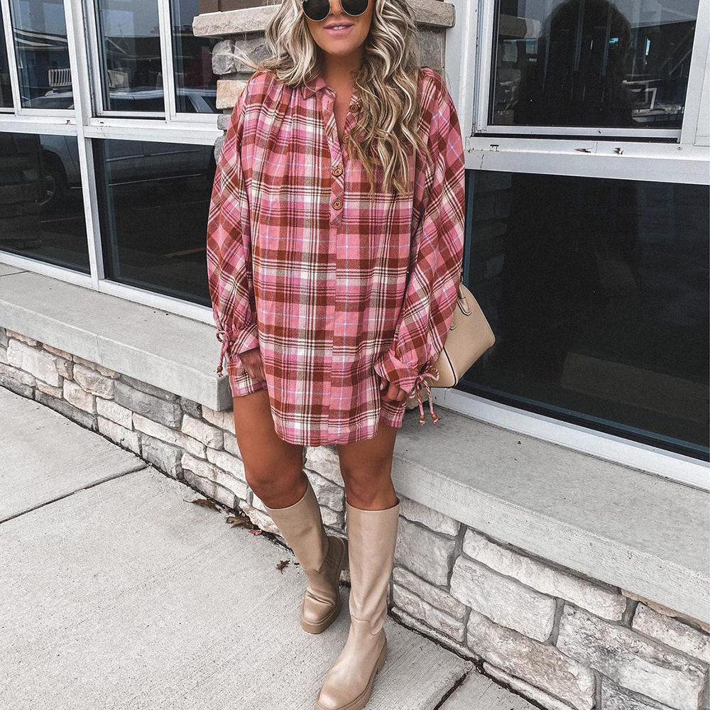 Plaid Print Long Sleeve Lapel Loose Casual Shirt Dress 4