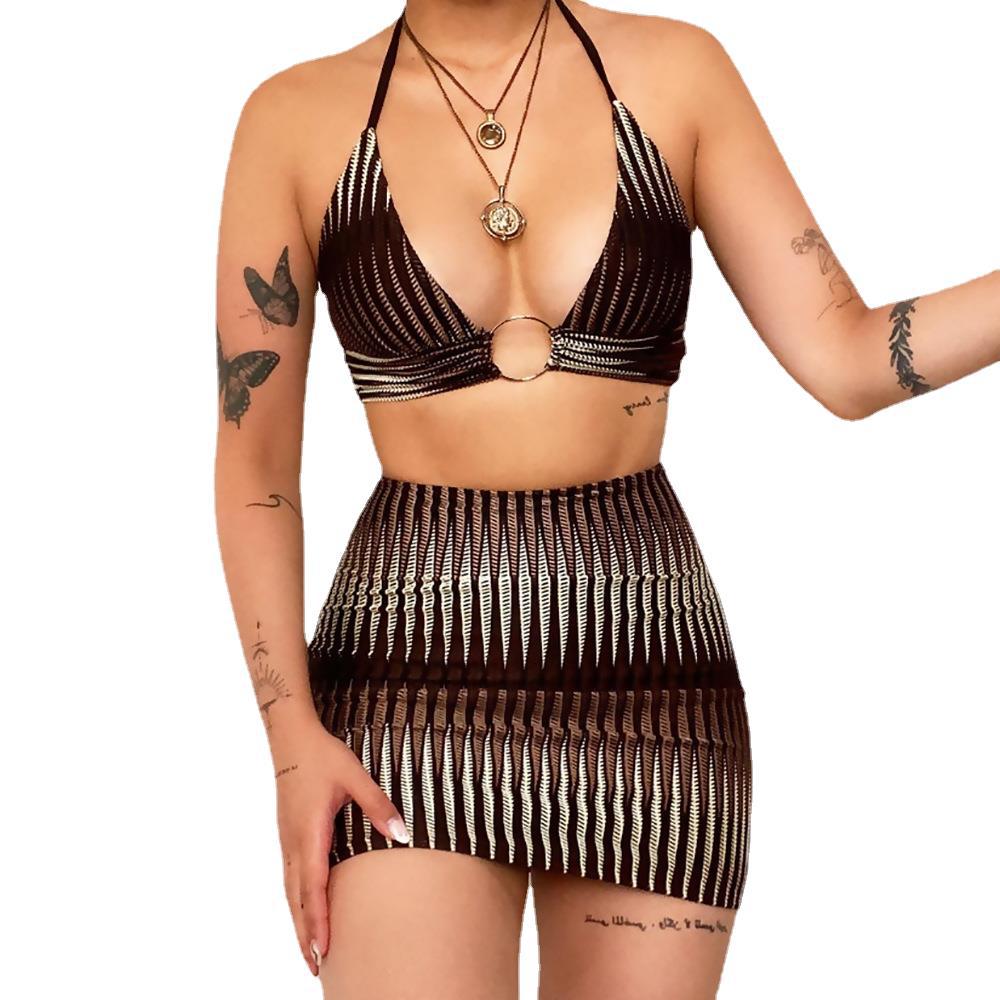 Printed Beach Sexy Halter Neck Swimsuit Bikini Skirt Set 59