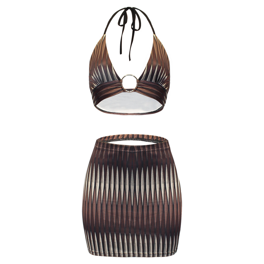 Printed Beach Sexy Halter Neck Swimsuit Bikini Skirt Set 59