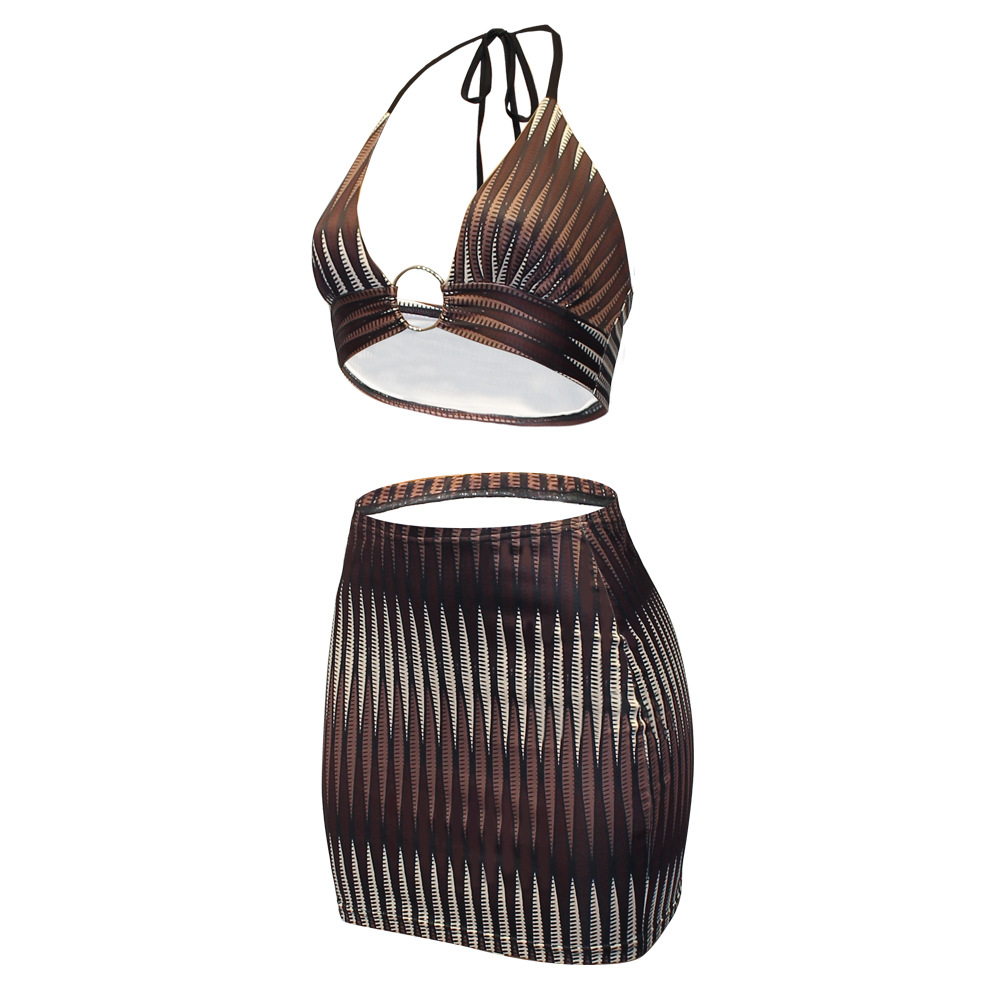 Printed Beach Sexy Halter Neck Swimsuit Bikini Skirt Set 59