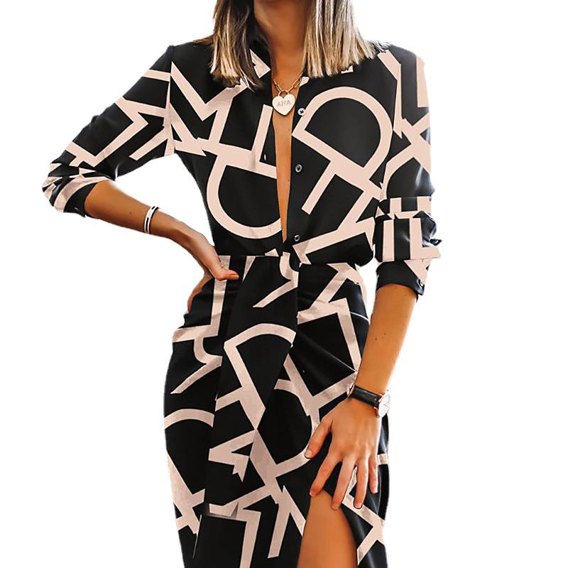 Printed long-sleeved sexy deep V split hip skirt suit 11
