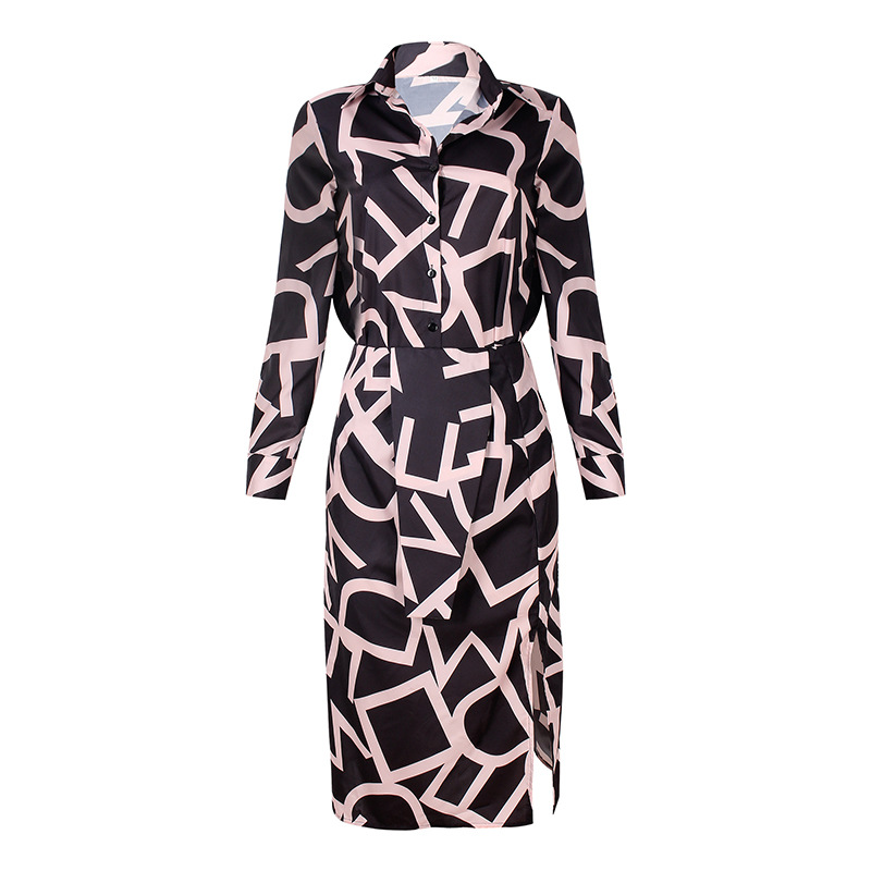 Printed long-sleeved sexy deep V split hip skirt suit 11