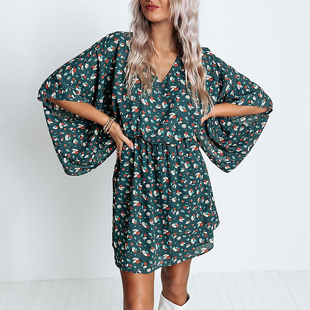 Printed V-neck bat long sleeve casual loose waist dress 5 01