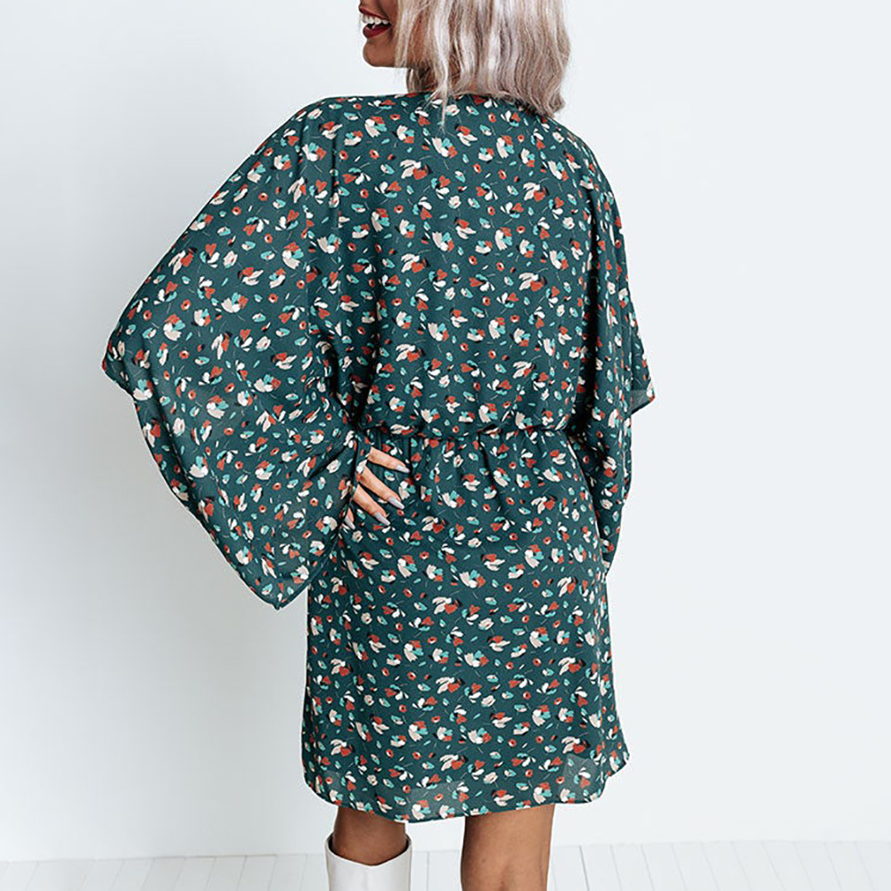 Printed V-neck bat long sleeve casual loose waist dress 5