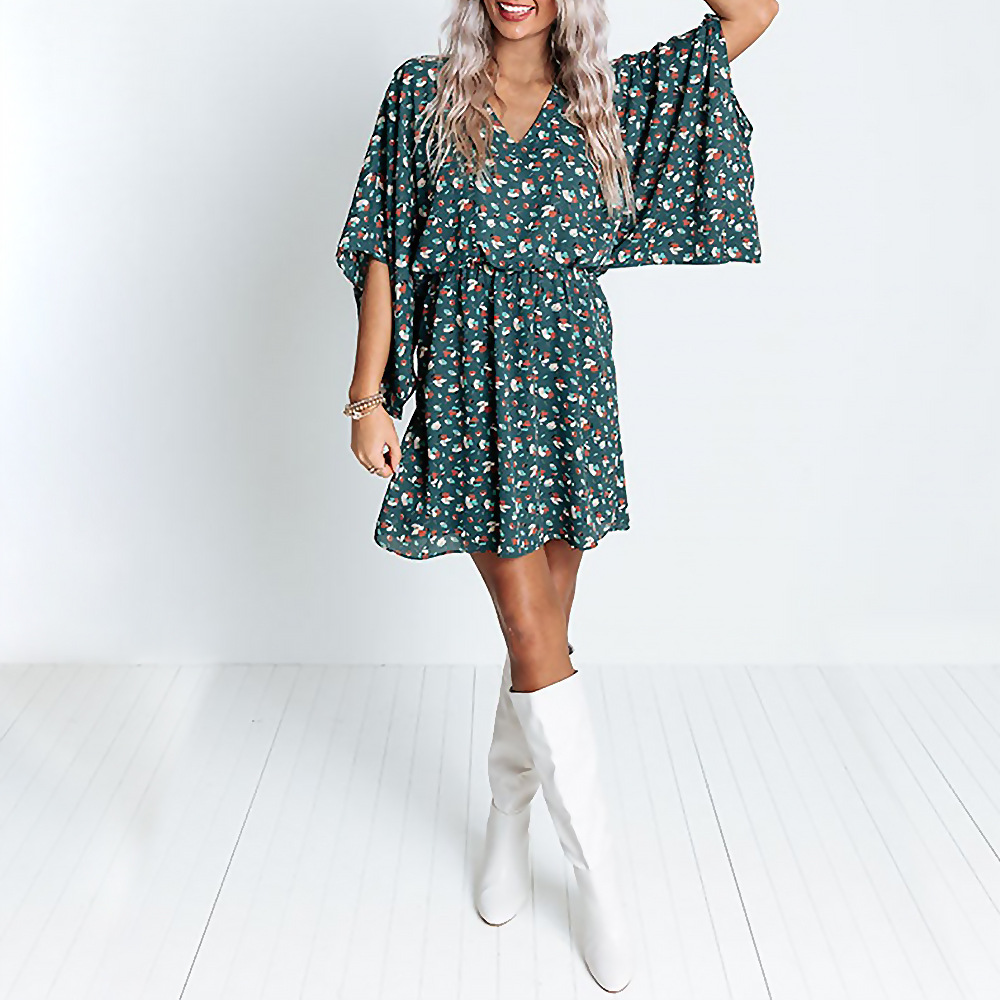 Printed V-neck bat long sleeve casual loose waist dress 5
