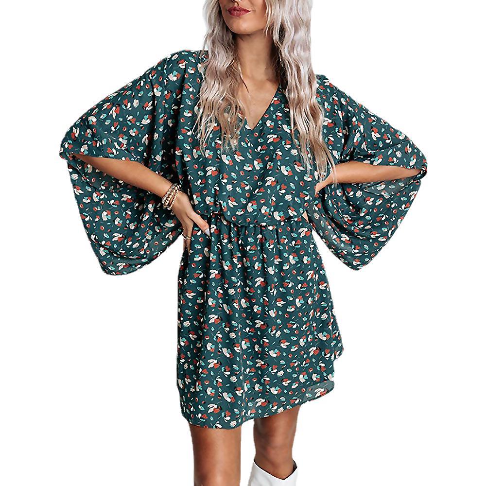 Printed V-neck bat long sleeve casual loose waist dress 5