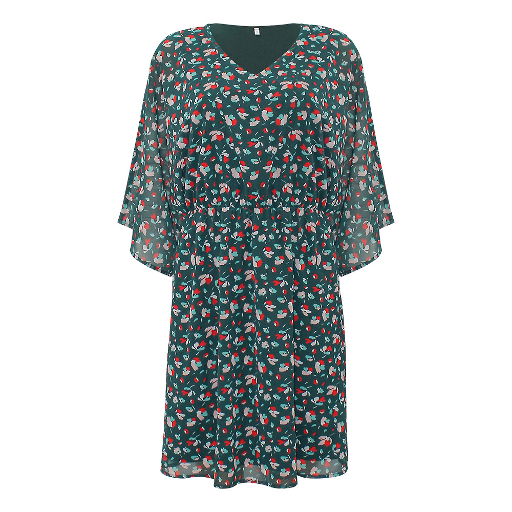 Printed V-neck bat long sleeve casual loose waist dress 5