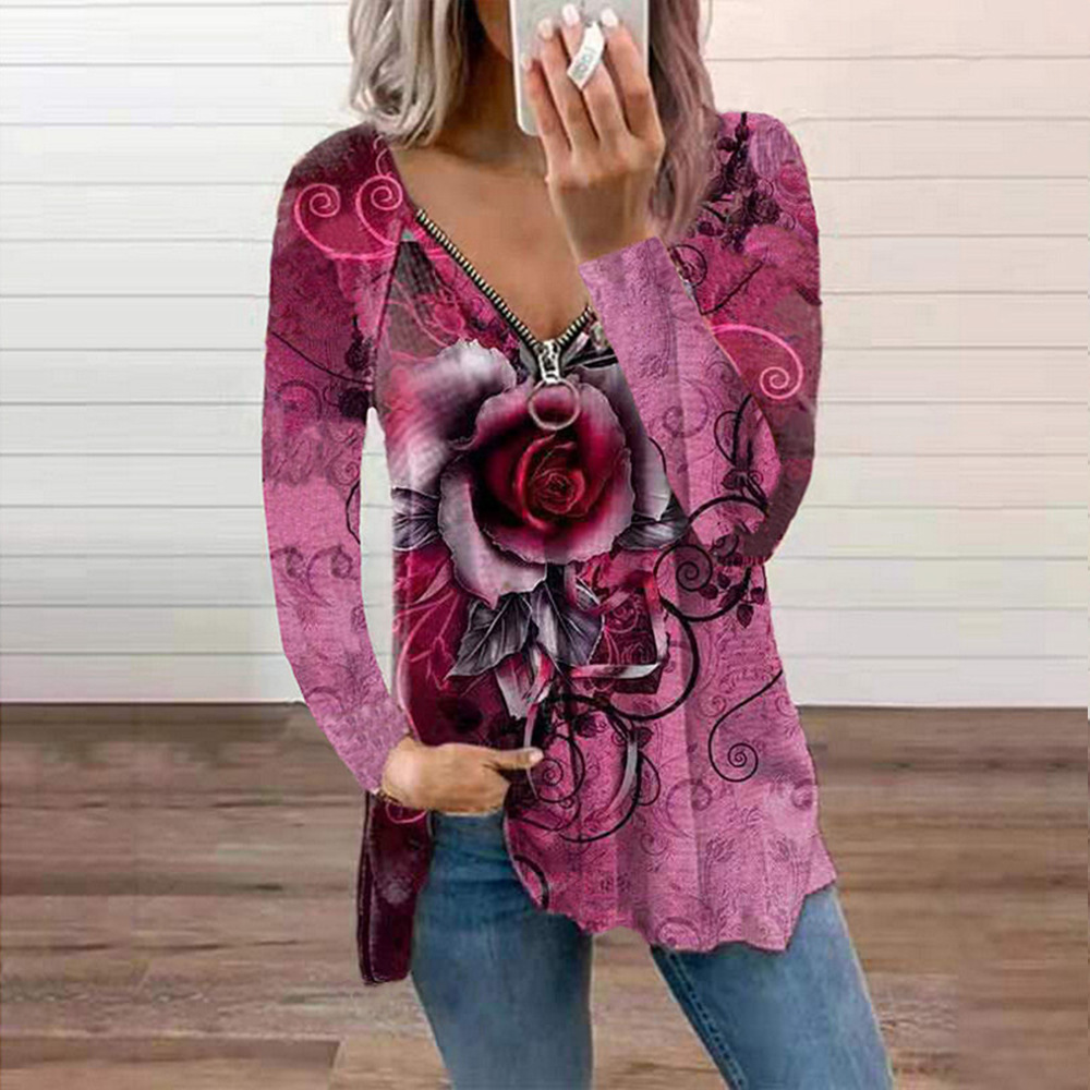 Printed V-neck long-sleeved zip-up casual loose T-shirt 42 01