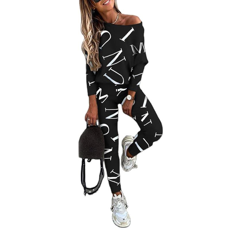 Women's letter print long sleeve trousers casual suit 46 02
