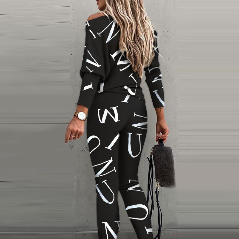 Women's letter print long sleeve trousers casual suit 46