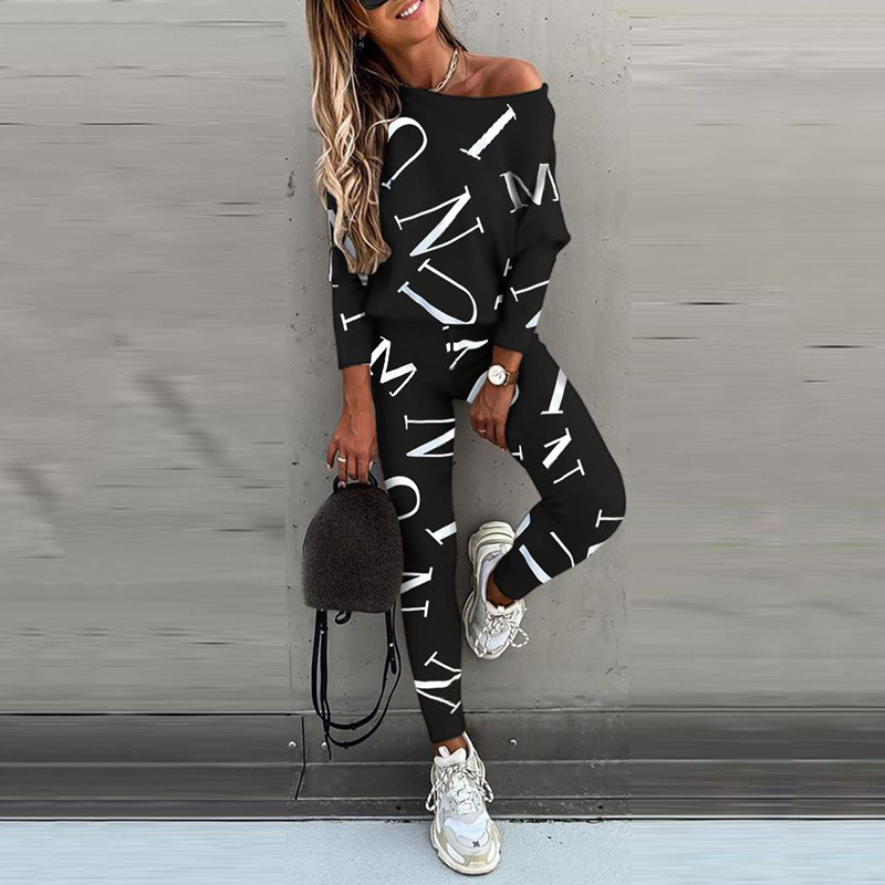 Women's letter print long sleeve trousers casual suit 46