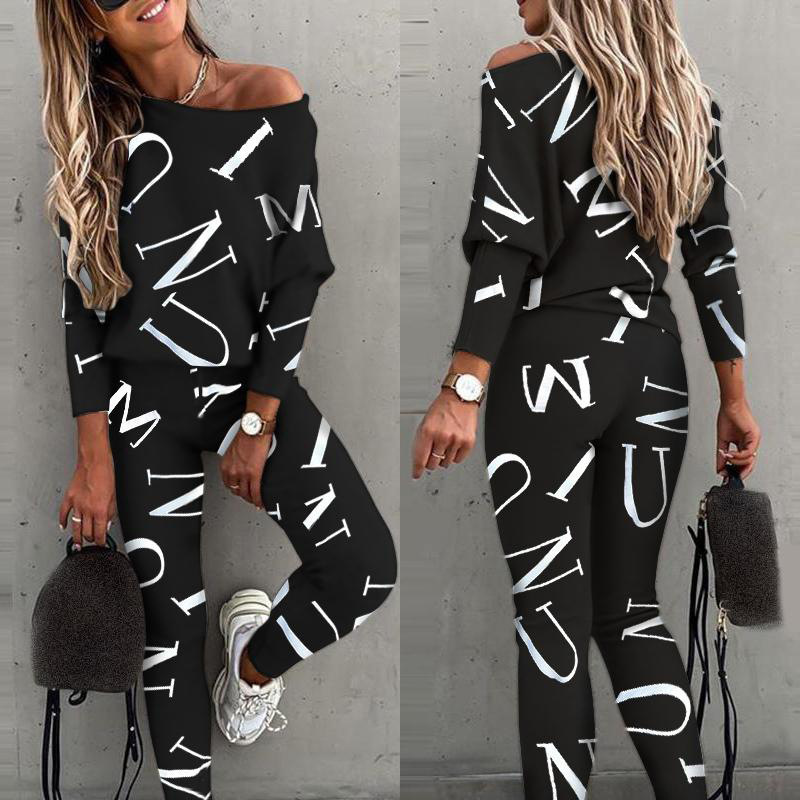 Women's letter print long sleeve trousers casual suit 46